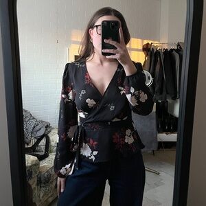 Forever 21 Floral Wrap Top - Black and Red